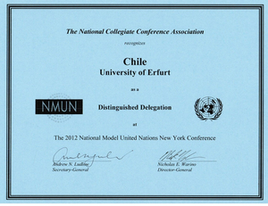 Urkunde für die Leistung der Erfurter Studierenden beim "National Model United Nations" in New York 2012