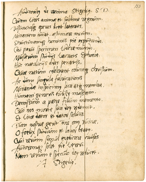 Epigramm des Johann Stigel an die Hörer seiner Vorlesung über Melanchthons „De Anima“ vom Dezember 1556