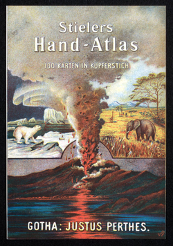 Werbepostkarte für den Stieler Hand-Atlas